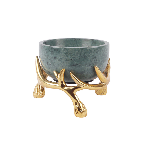 Green Marble 5 inch bowl with Gold Antler Stand